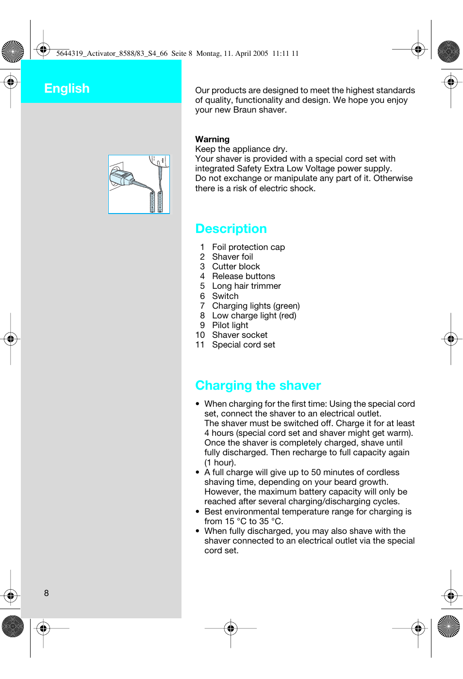 Description, Charging the shaver, English | Braun 8588 Activator User Manual | Page 8 / 66
