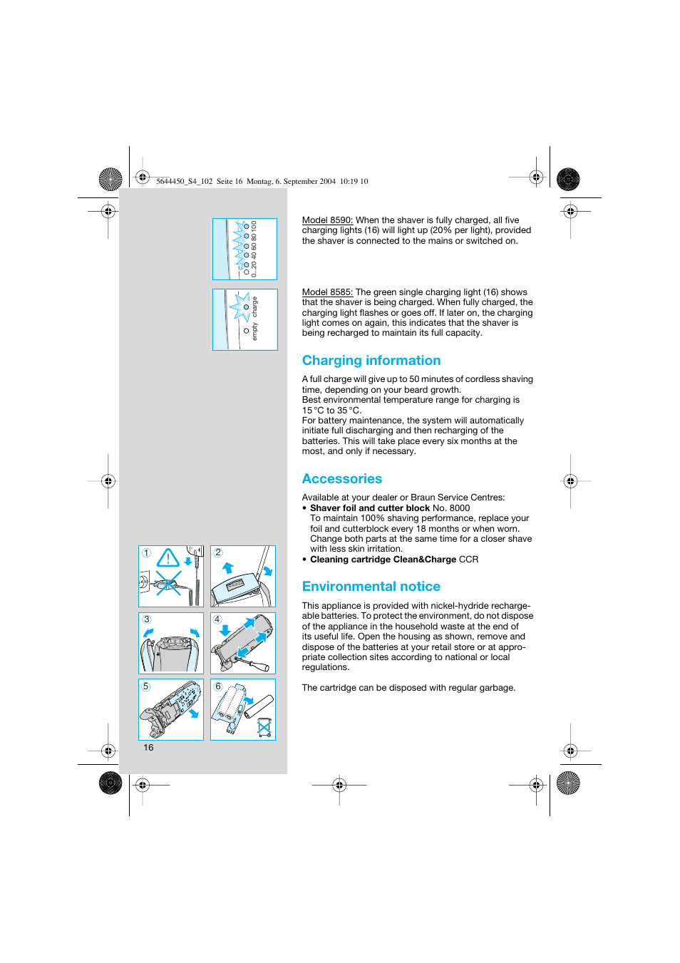 Charging information, Accessories, Environmental notice | Braun 8590 Activator  EU User Manual | Page 16 / 99