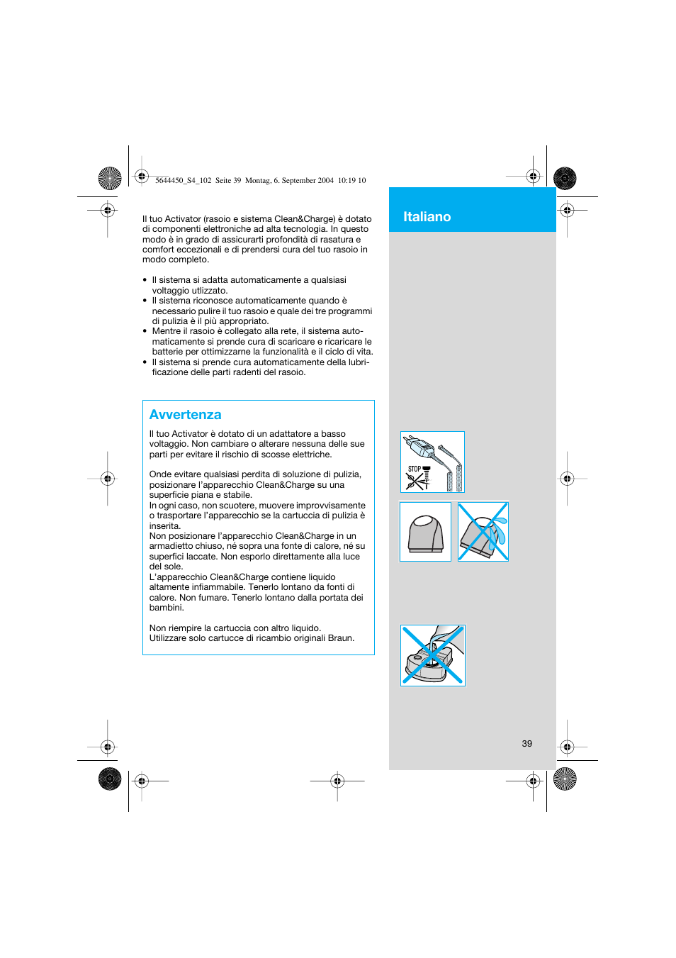 Avvertenza, Italiano | Braun 8590 Activator  EU User Manual | Page 39 / 99