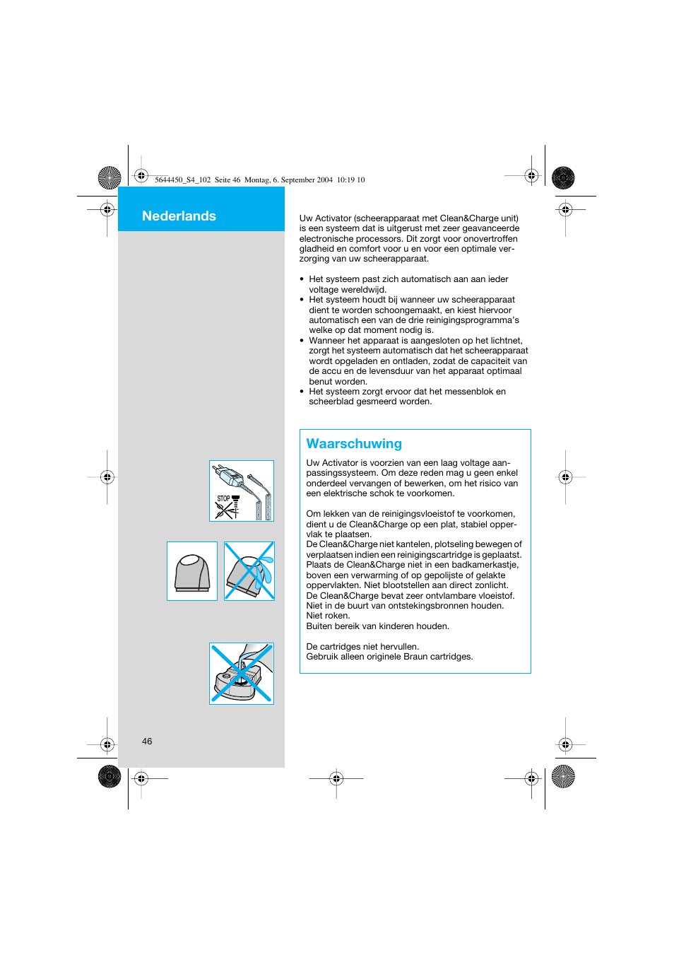 Waarschuwing, Nederlands | Braun 8590 Activator  EU User Manual | Page 46 / 99