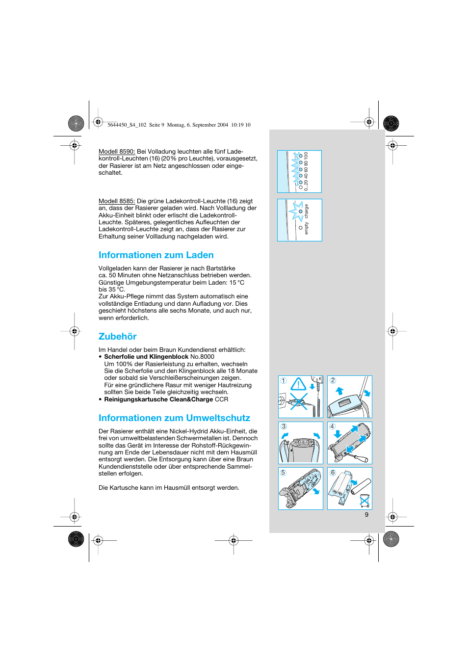 Informationen zum laden, Zubehör, Informationen zum umweltschutz | Braun 8590 Activator  EU User Manual | Page 9 / 99