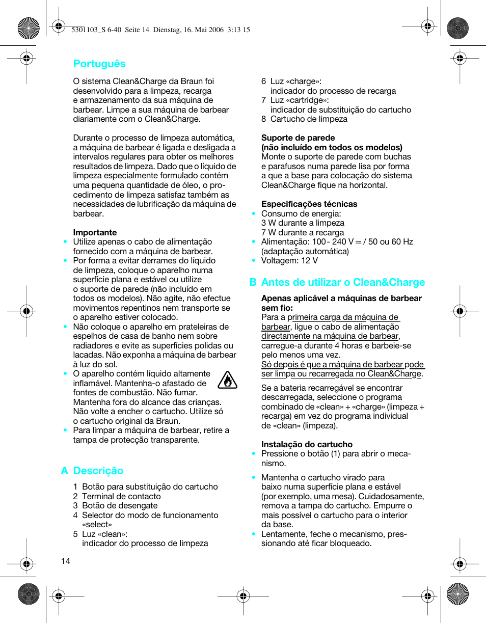 Português, A descrição, B antes de utilizar o clean&charge | Braun Clean & Charge (Syncro) User Manual | Page 13 / 36