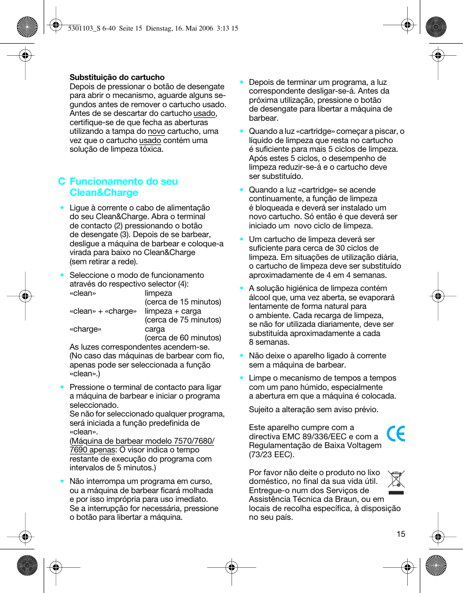 C funcionamento do seu clean&charge | Braun Clean & Charge (Syncro) User Manual | Page 14 / 36