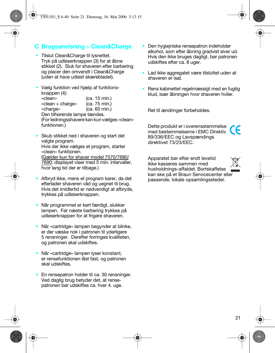 C brugsanvisning – clean&charge | Braun Clean & Charge (Syncro) User Manual | Page 20 / 36