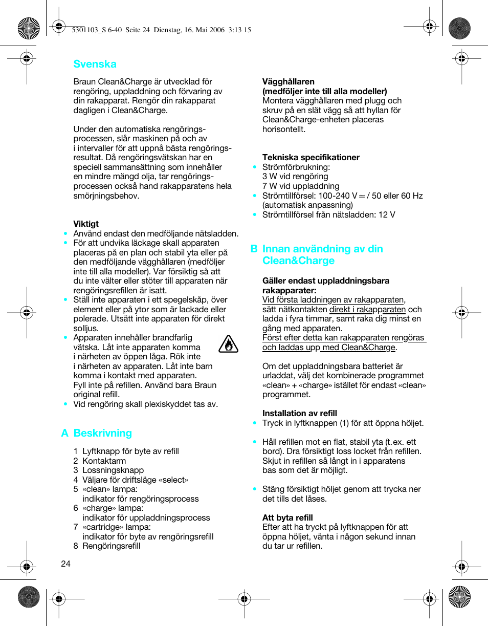 Svenska, A beskrivning, B innan användning av din clean&charge | Braun Clean & Charge (Syncro) User Manual | Page 23 / 36