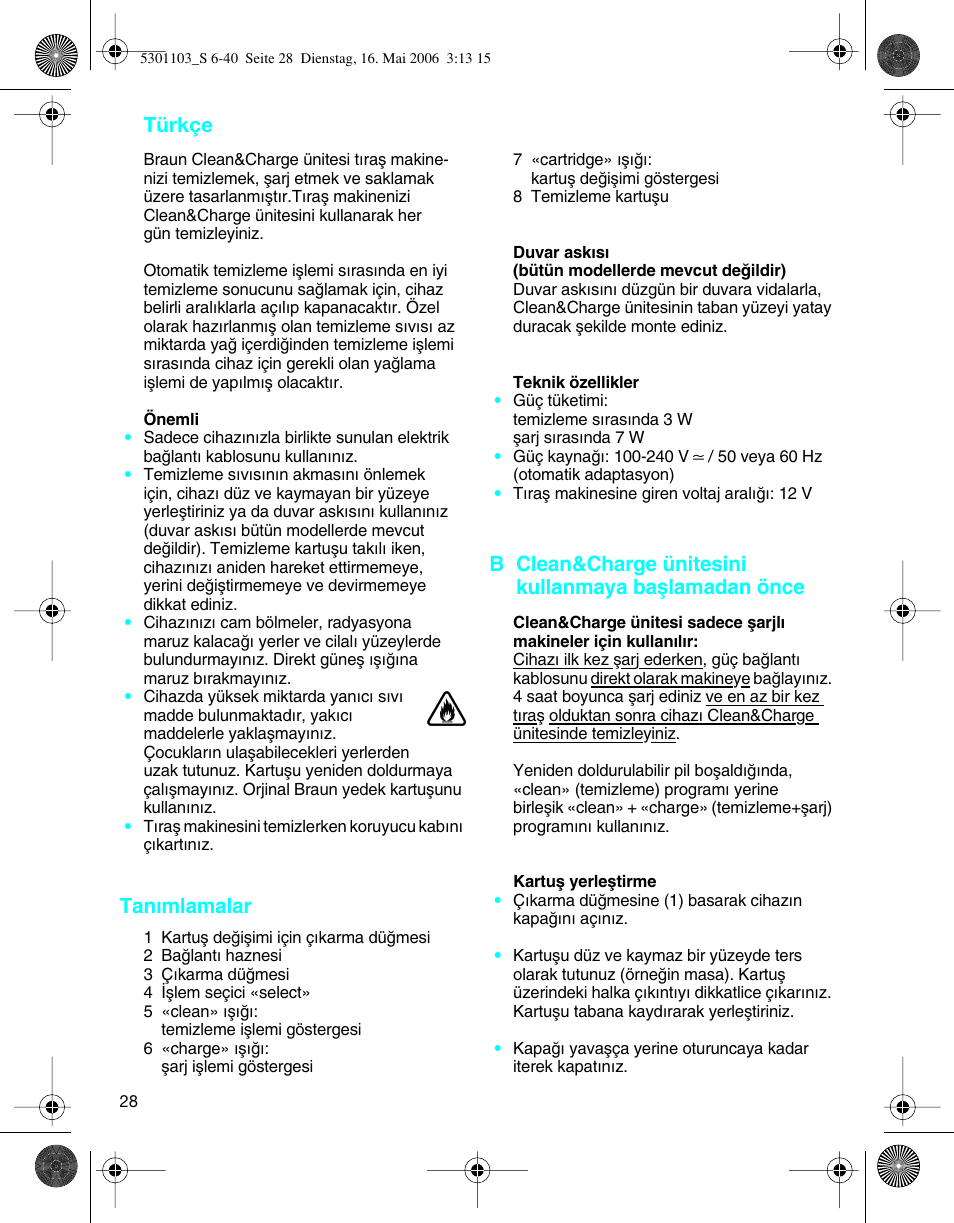 Türkçe, Tanımlamalar | Braun Clean & Charge (Syncro) User Manual | Page 27 / 36