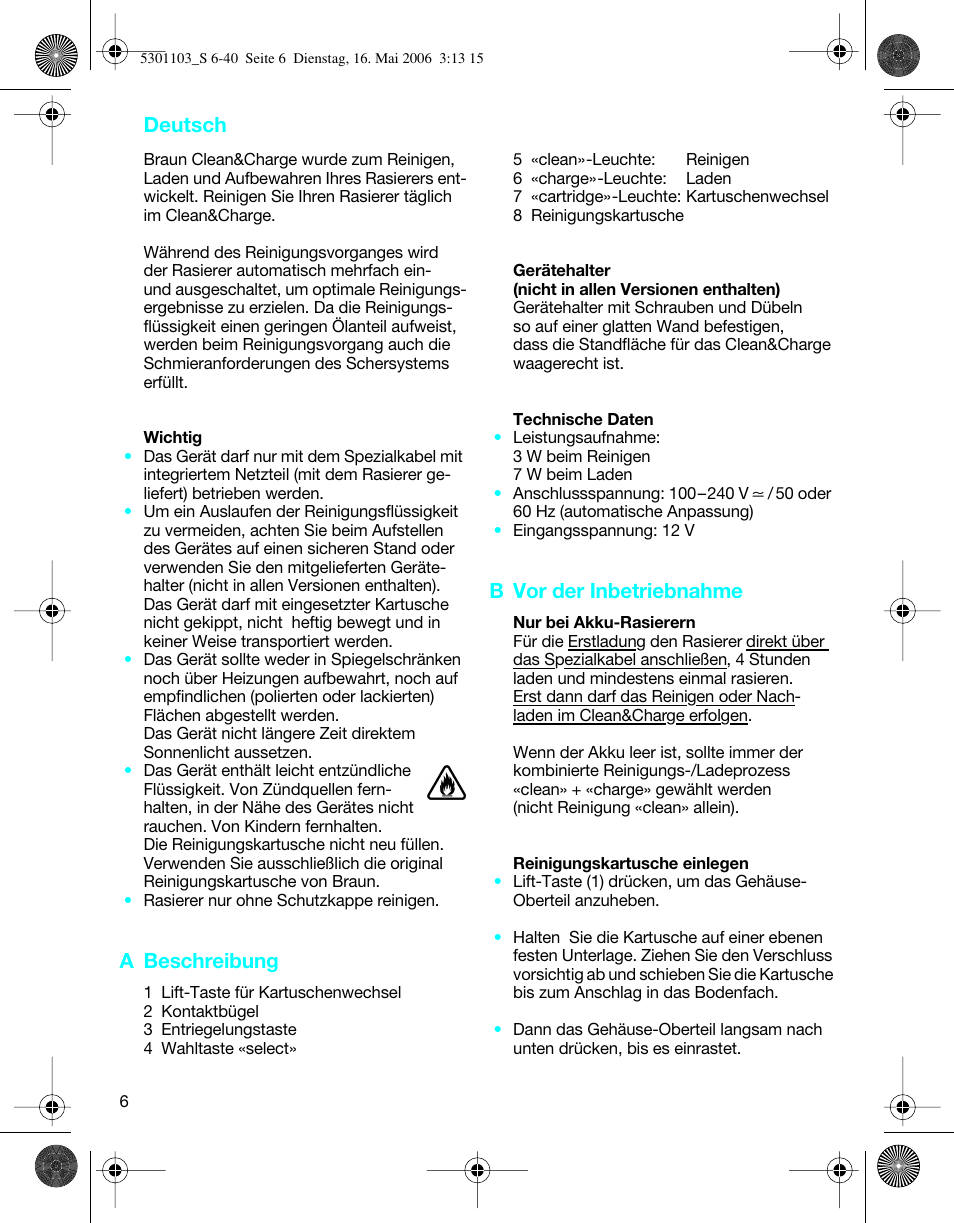 A beschreibung, B vor der inbetriebnahme, Deutsch | Braun Clean & Charge (Syncro) User Manual | Page 5 / 36