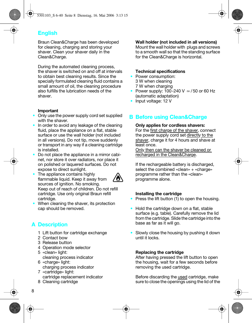 English, A description, B before using clean&charge | Braun Clean & Charge (Syncro) User Manual | Page 7 / 36