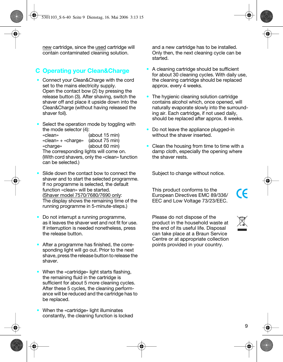 C operating your clean&charge | Braun Clean & Charge (Syncro) User Manual | Page 8 / 36