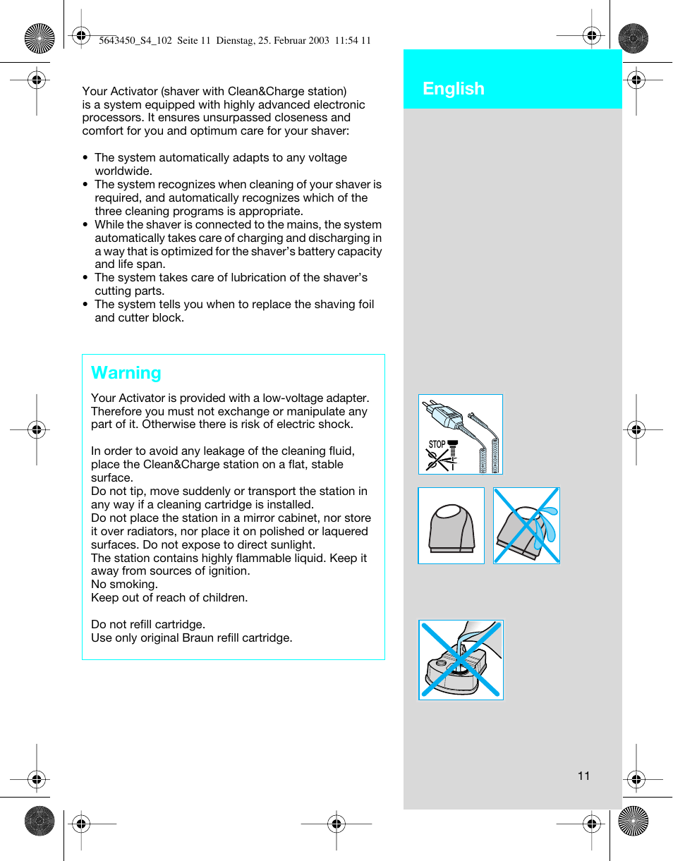 English, Warning | Braun Clean & Charge (Activator) User Manual | Page 11 / 99