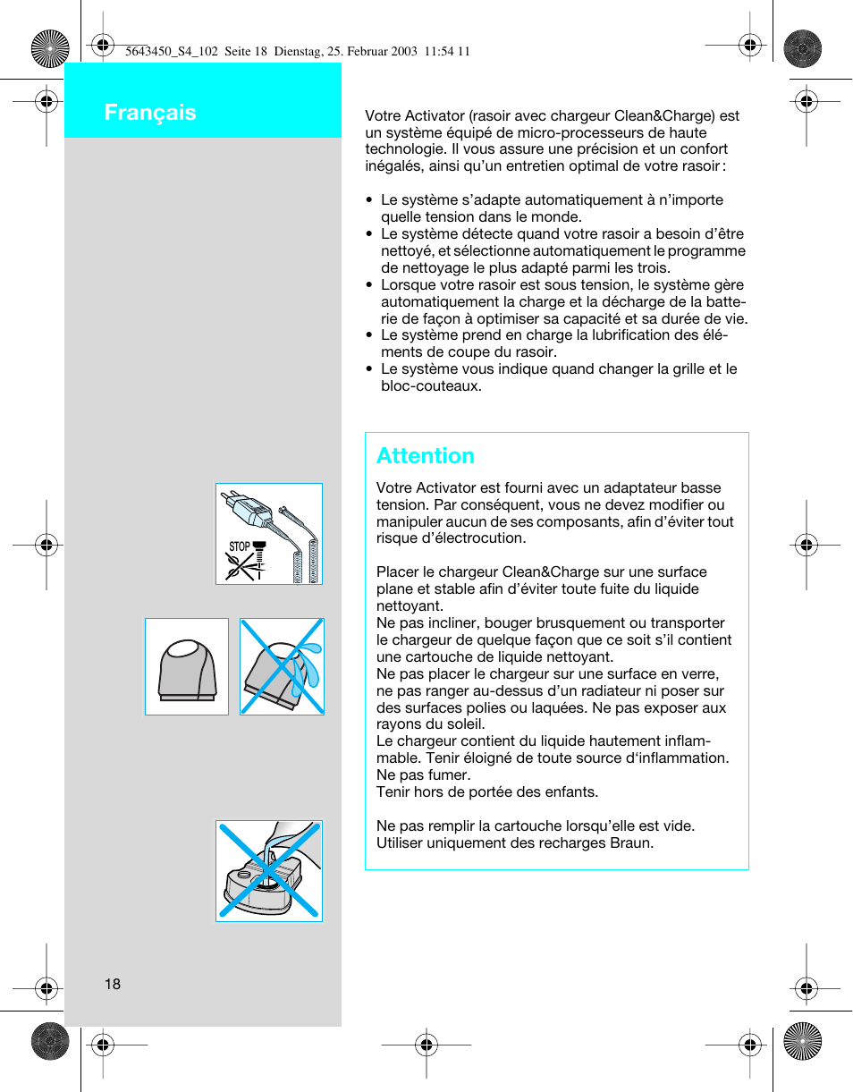 Français, Attention | Braun Clean & Charge (Activator) User Manual | Page 18 / 99