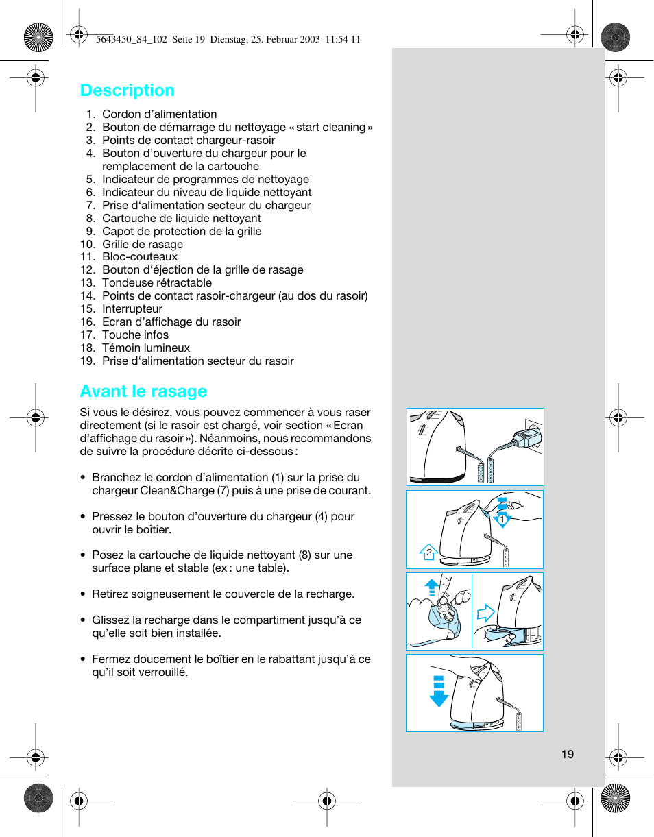 Description, Avant le rasage | Braun Clean & Charge (Activator) User Manual | Page 19 / 99