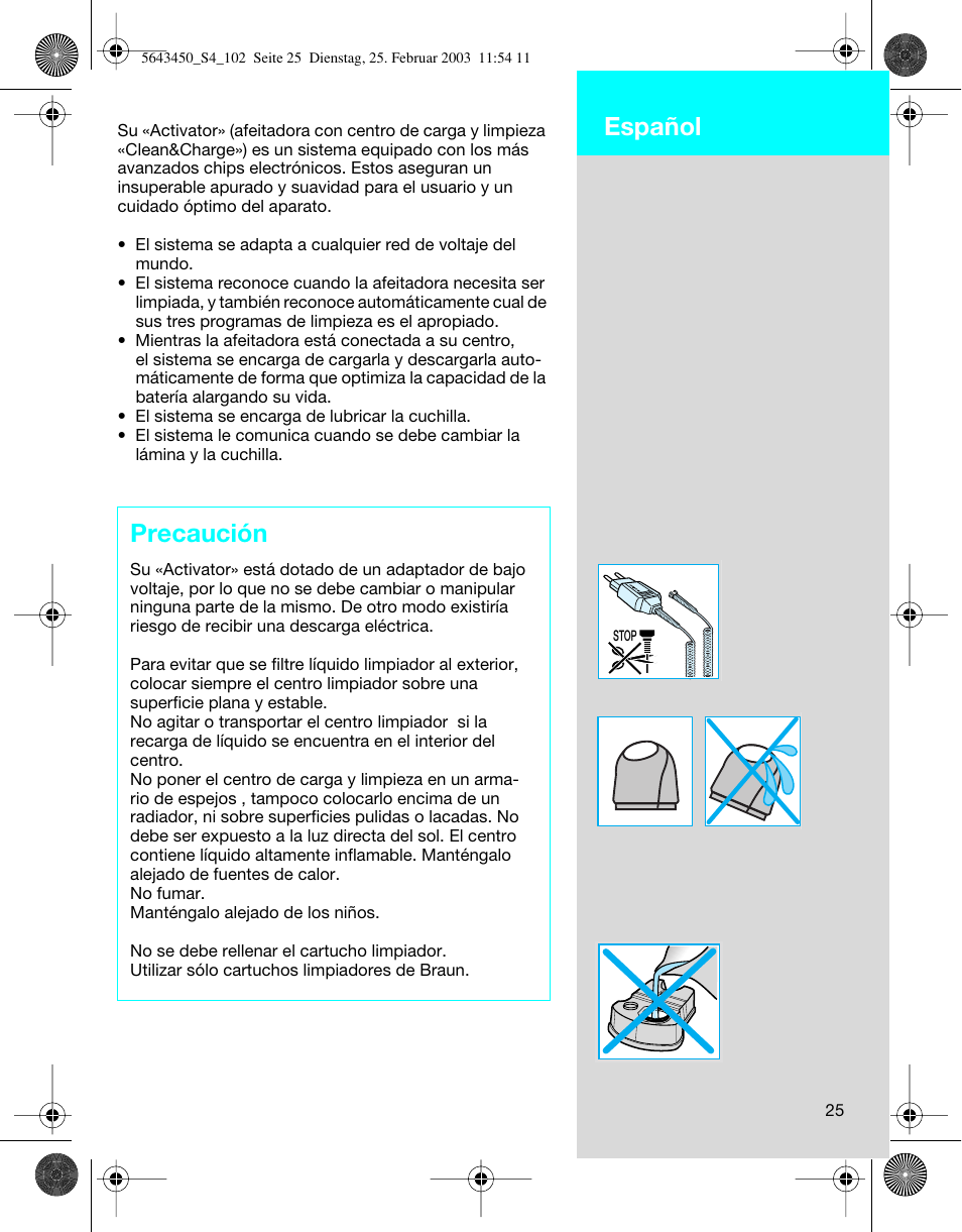 Español, Precaución | Braun Clean & Charge (Activator) User Manual | Page 25 / 99