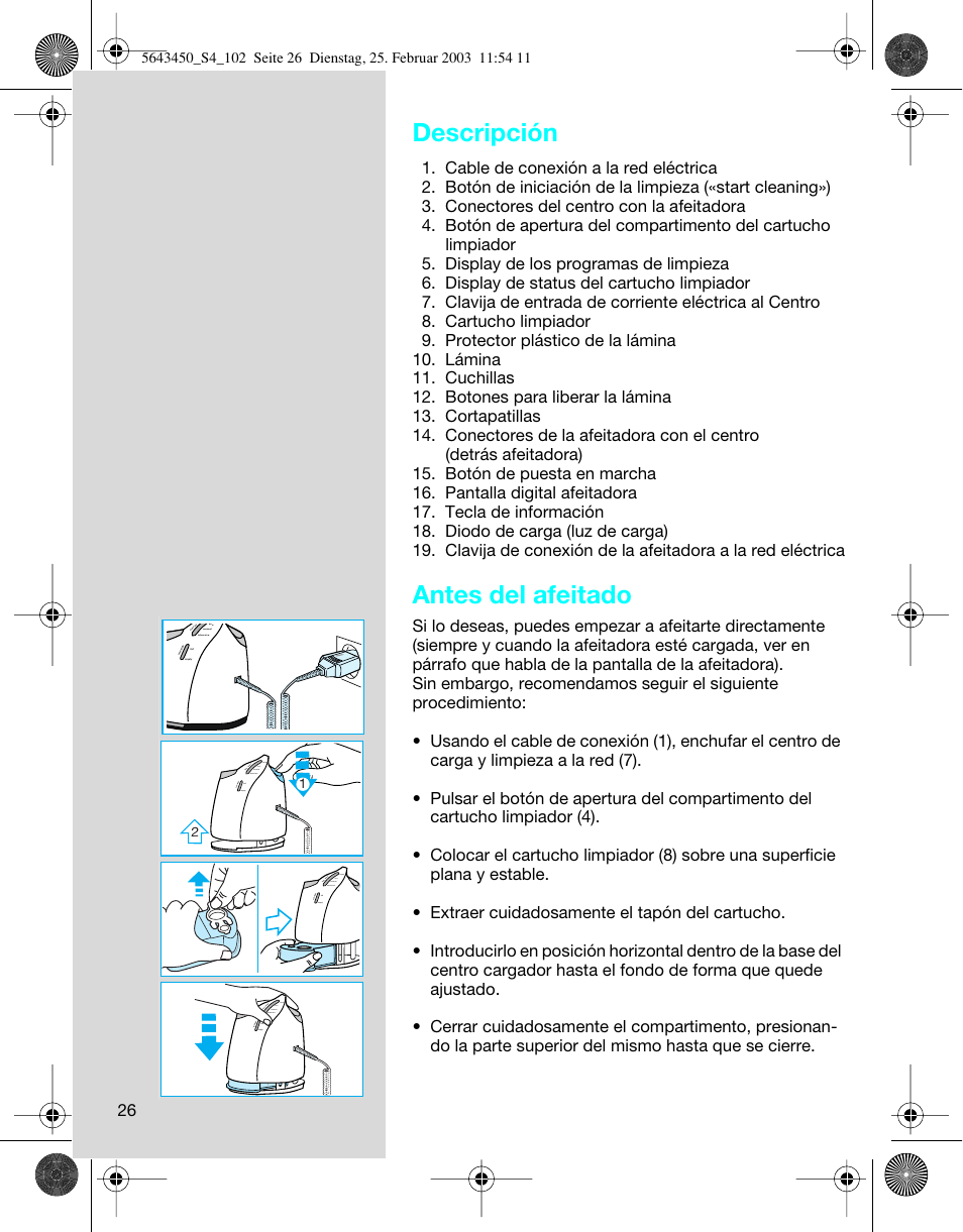 Descripción, Antes del afeitado | Braun Clean & Charge (Activator) User Manual | Page 26 / 99