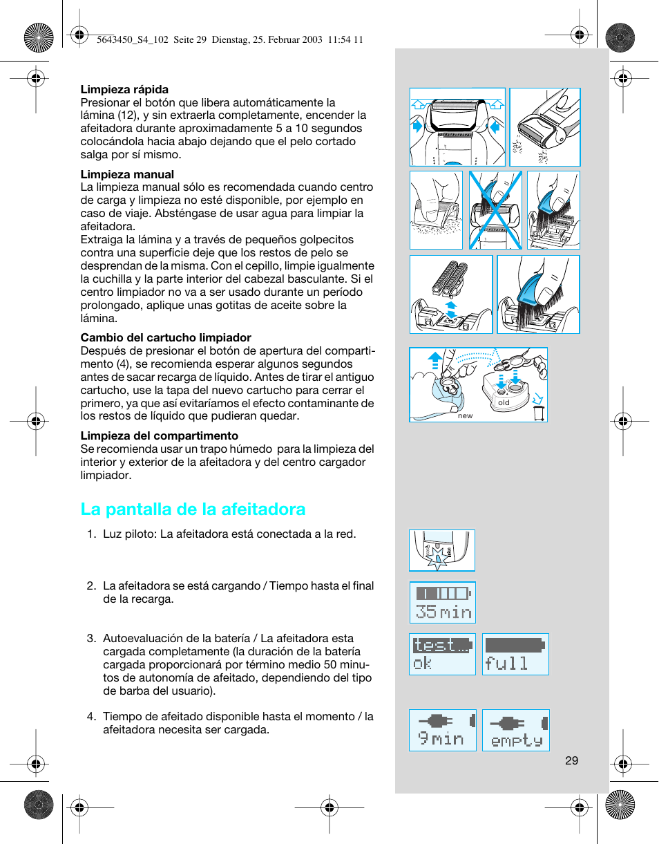 La pantalla de la afeitadora | Braun Clean & Charge (Activator) User Manual | Page 29 / 99