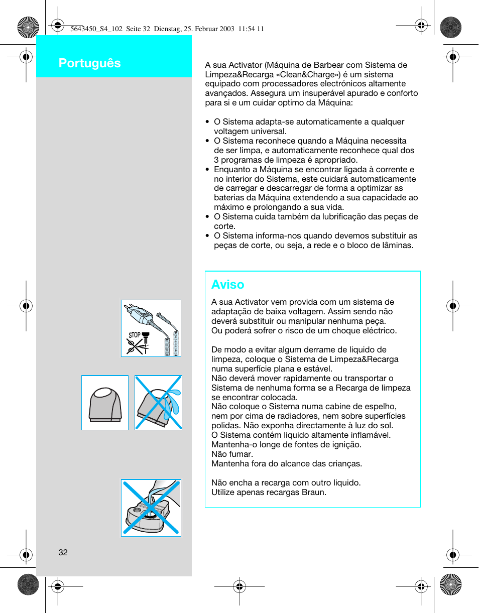 Português, Aviso | Braun Clean & Charge (Activator) User Manual | Page 32 / 99