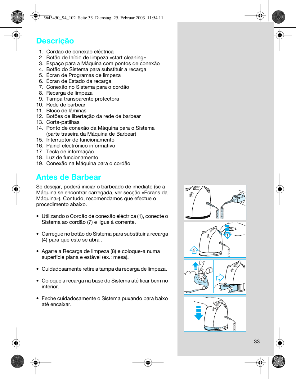 Descrição, Antes de barbear | Braun Clean & Charge (Activator) User Manual | Page 33 / 99
