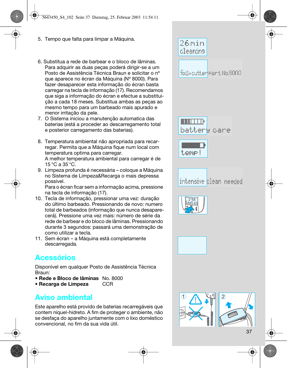 Acessórios, Aviso ambiental | Braun Clean & Charge (Activator) User Manual | Page 37 / 99