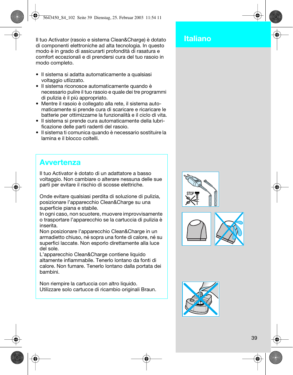 Italiano, Avvertenza | Braun Clean & Charge (Activator) User Manual | Page 39 / 99