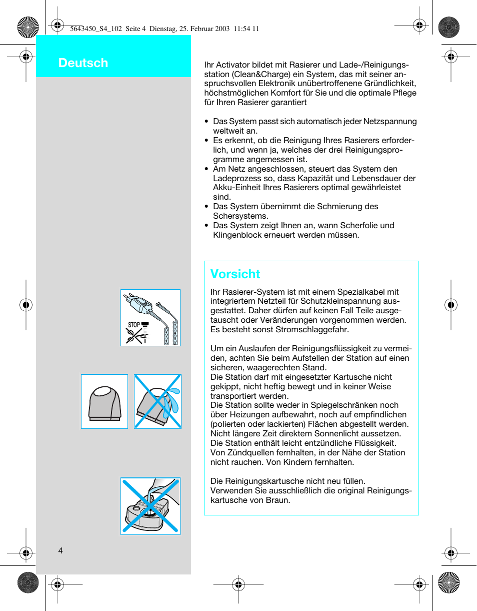 Deutsch, Vorsicht | Braun Clean & Charge (Activator) User Manual | Page 4 / 99