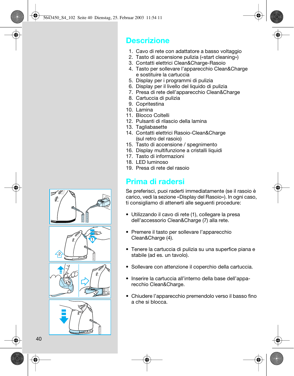 Descrizione, Prima di radersi | Braun Clean & Charge (Activator) User Manual | Page 40 / 99