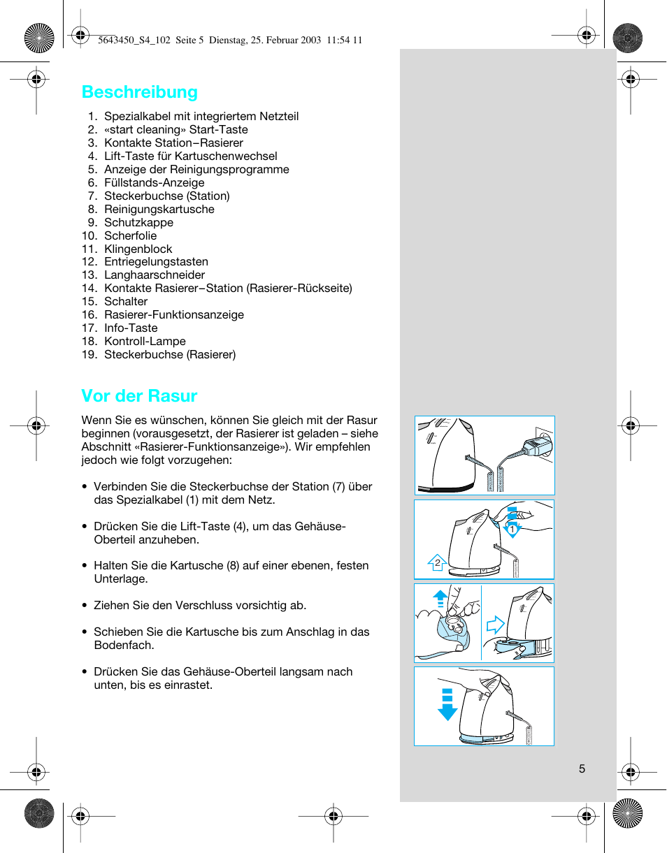 Beschreibung, Vor der rasur | Braun Clean & Charge (Activator) User Manual | Page 5 / 99