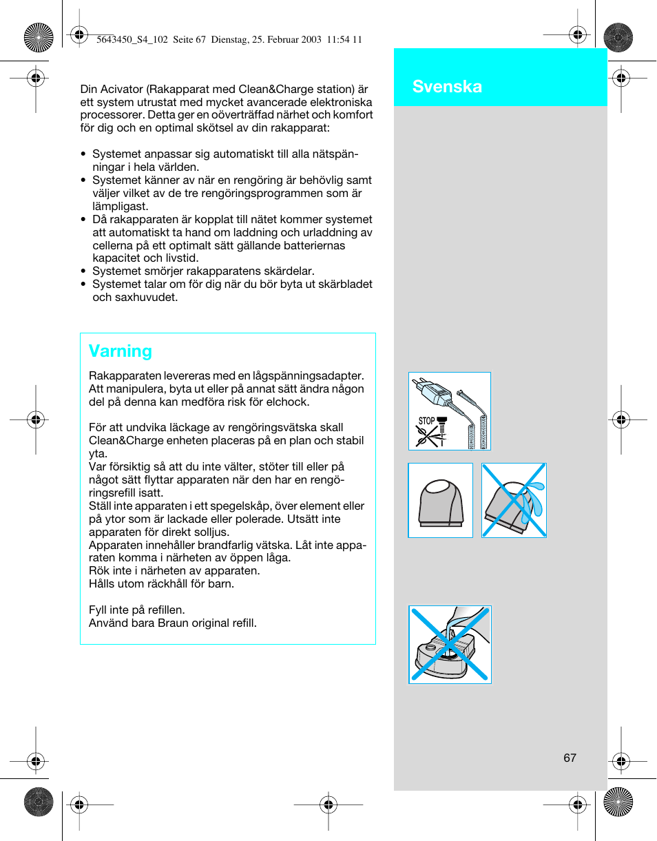 Svenska, Varning | Braun Clean & Charge (Activator) User Manual | Page 67 / 99
