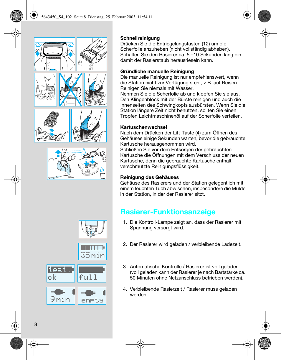 Rasierer-funktionsanzeige | Braun Clean & Charge (Activator) User Manual | Page 8 / 99