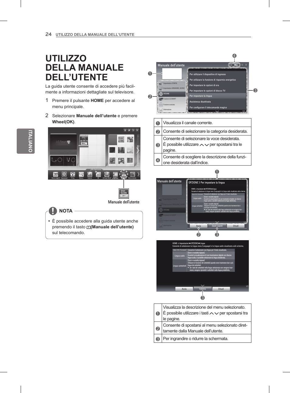 Utilizzo, Della manuale dell’utente, It aliano | Nota, Manuale dell’utente | LG 47LM960V User Manual | Page 114 / 262