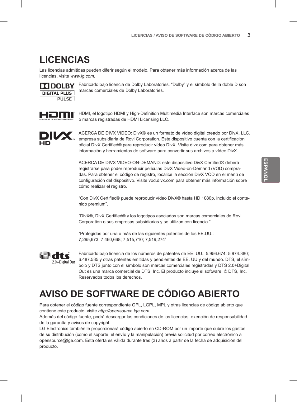Licencias, Aviso de software de código abierto | LG 47LM960V User Manual | Page 125 / 262