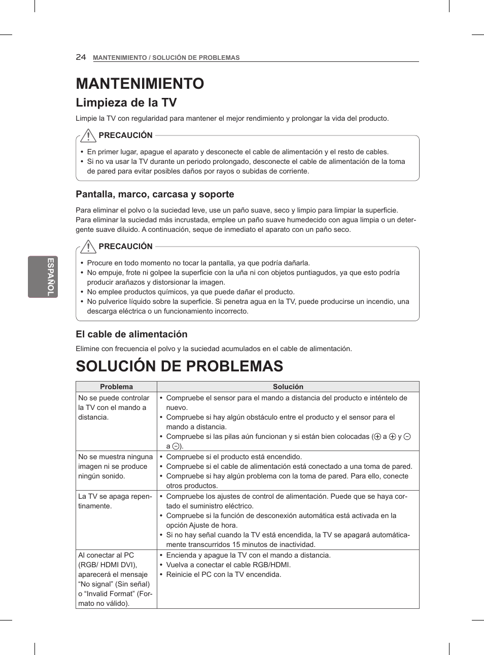 Solución de problemas, Mantenimiento, Limpieza de la tv | LG 47LM960V User Manual | Page 146 / 262