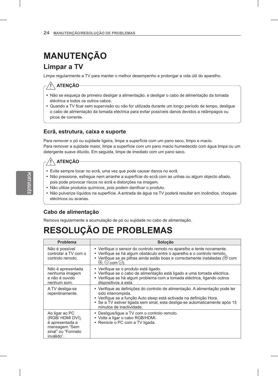 Resolução de problemas, Manutenção, Limpar a tv | LG 47LM960V User Manual | Page 172 / 262