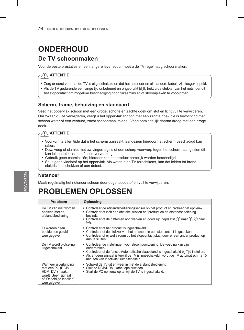 Problemen oplossen, Onderhoud, De tv schoonmaken | LG 47LM960V User Manual | Page 198 / 262