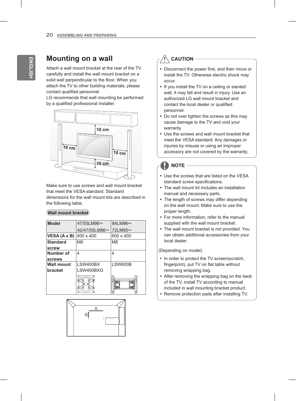 Mounting on a wall | LG 47LM960V User Manual | Page 30 / 262