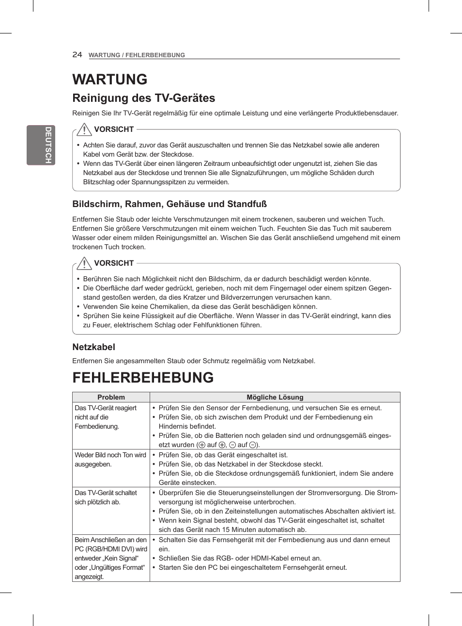Fehlerbehebung, Wartung, Reinigung des tv-gerätes | LG 47LM960V User Manual | Page 62 / 262