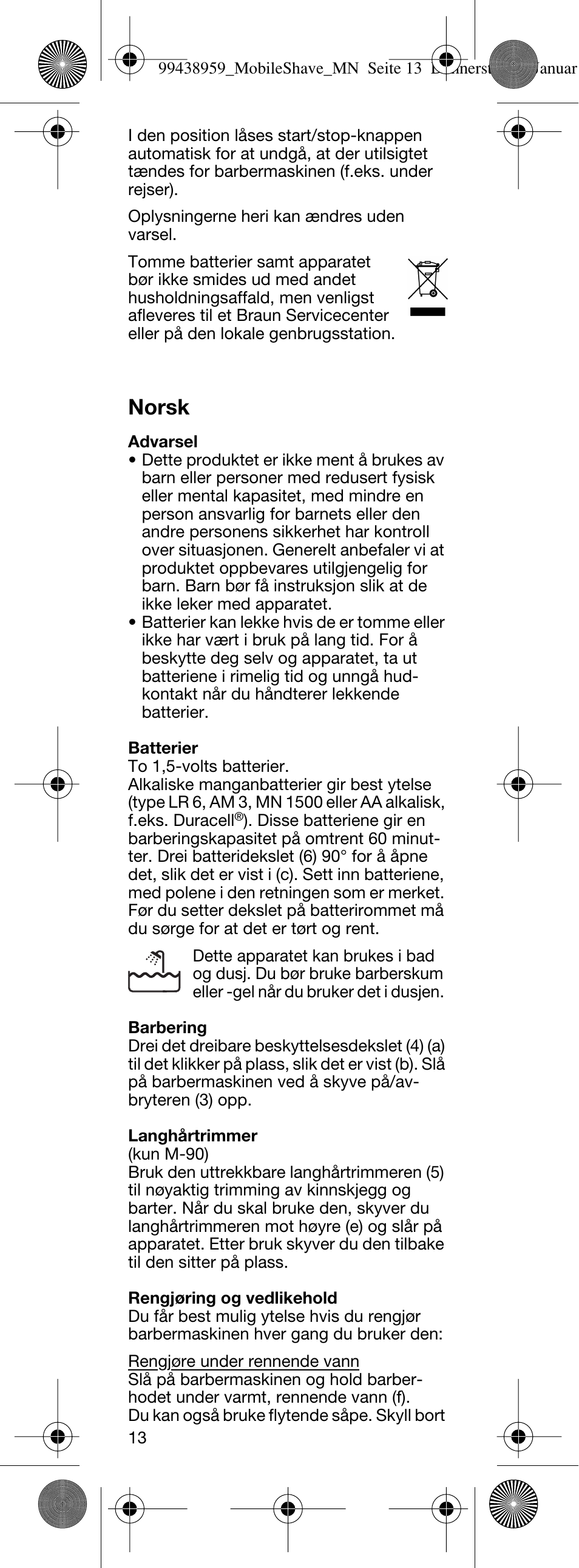 Norsk | Braun M-30 MobileShave  EU User Manual | Page 13 / 28
