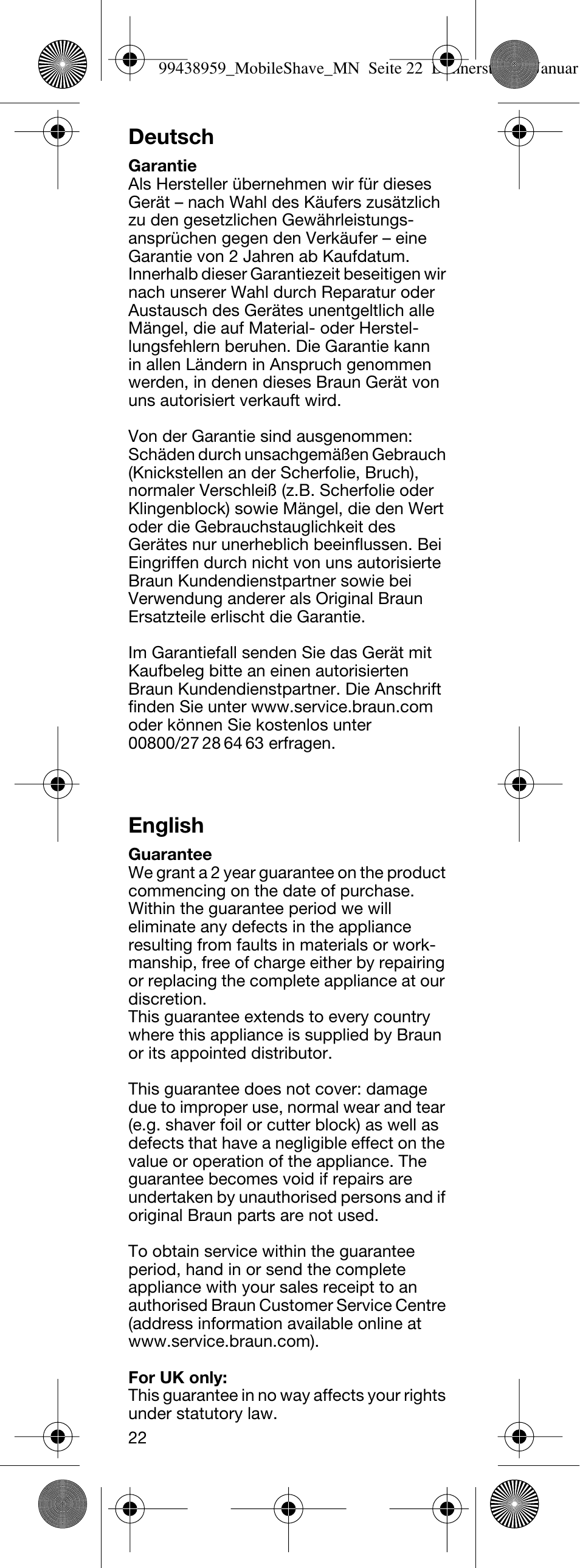 Deutsch, English | Braun M-30 MobileShave  EU User Manual | Page 22 / 28
