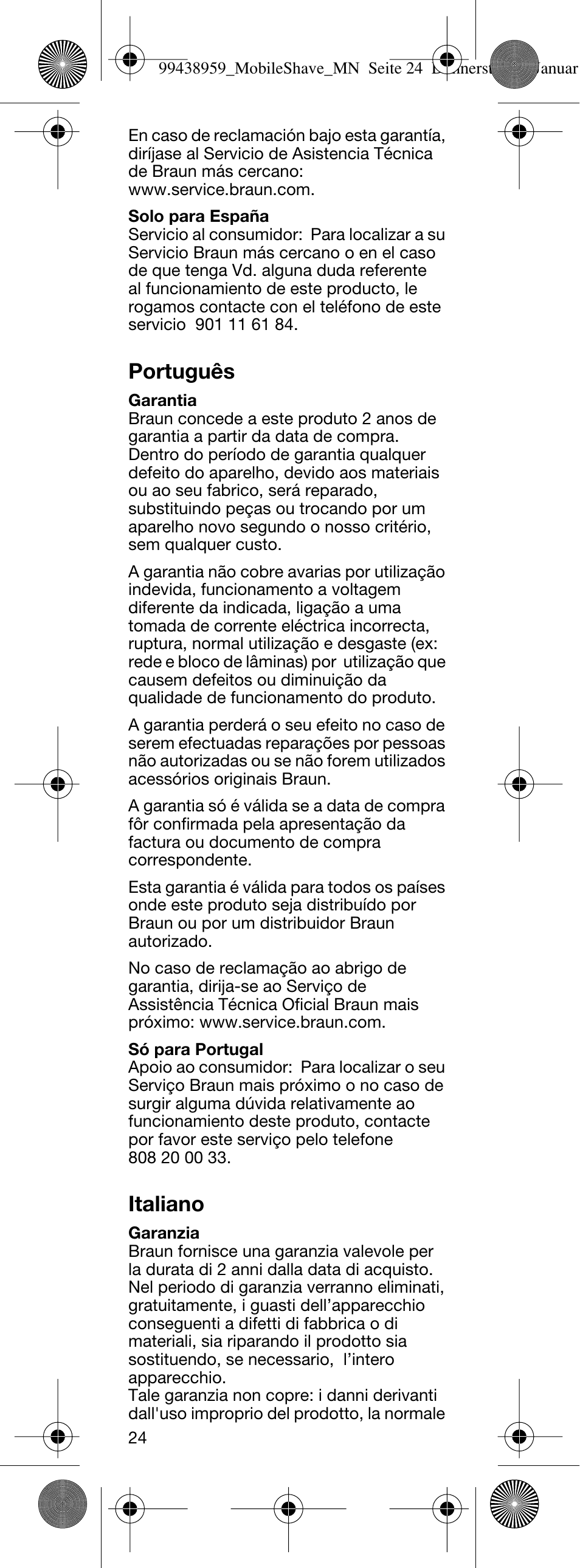 Português, Italiano | Braun M-30 MobileShave  EU User Manual | Page 24 / 28