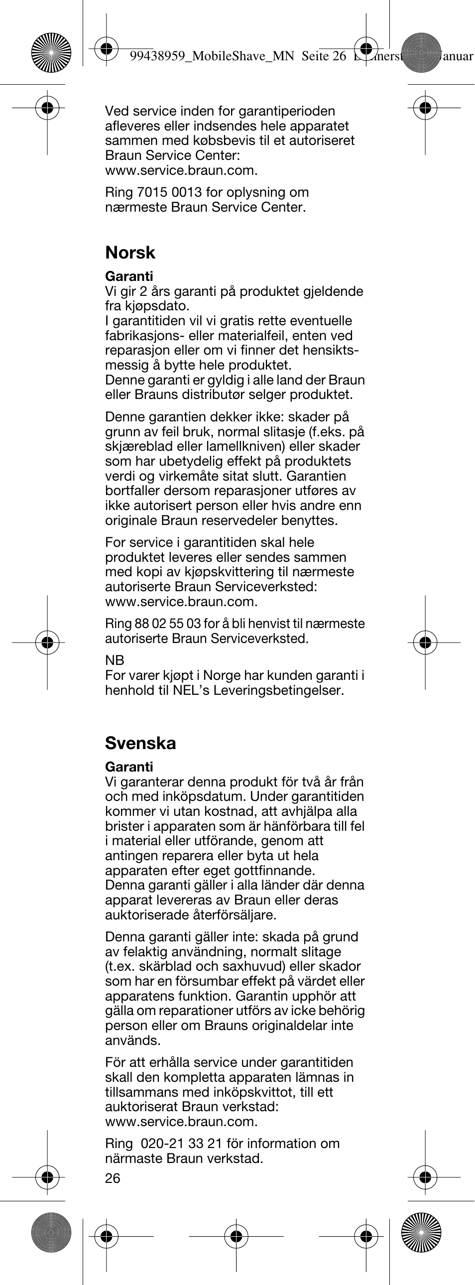 Norsk, Svenska | Braun M-30 MobileShave  EU User Manual | Page 26 / 28