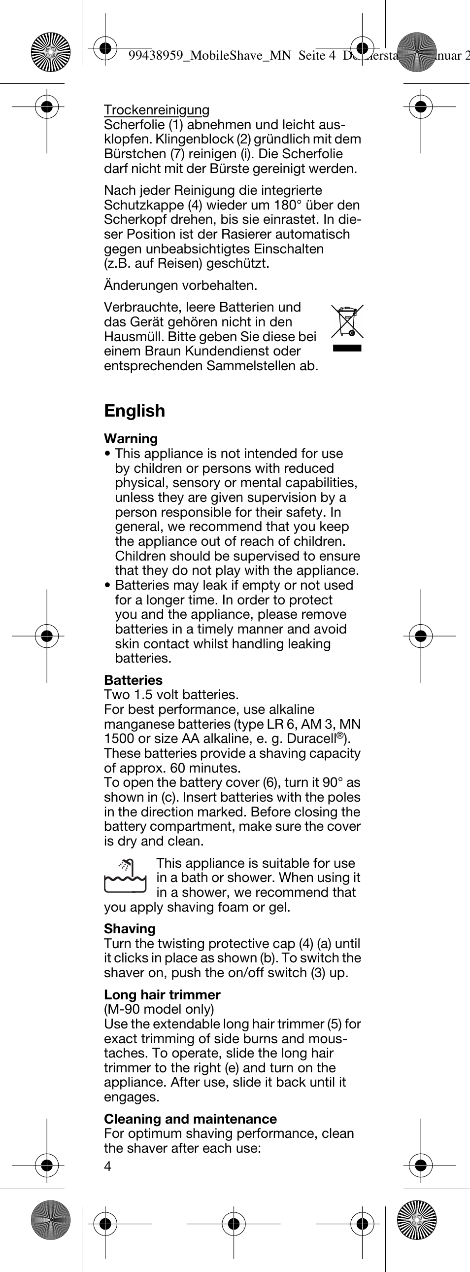English | Braun M-30 MobileShave  EU User Manual | Page 4 / 28