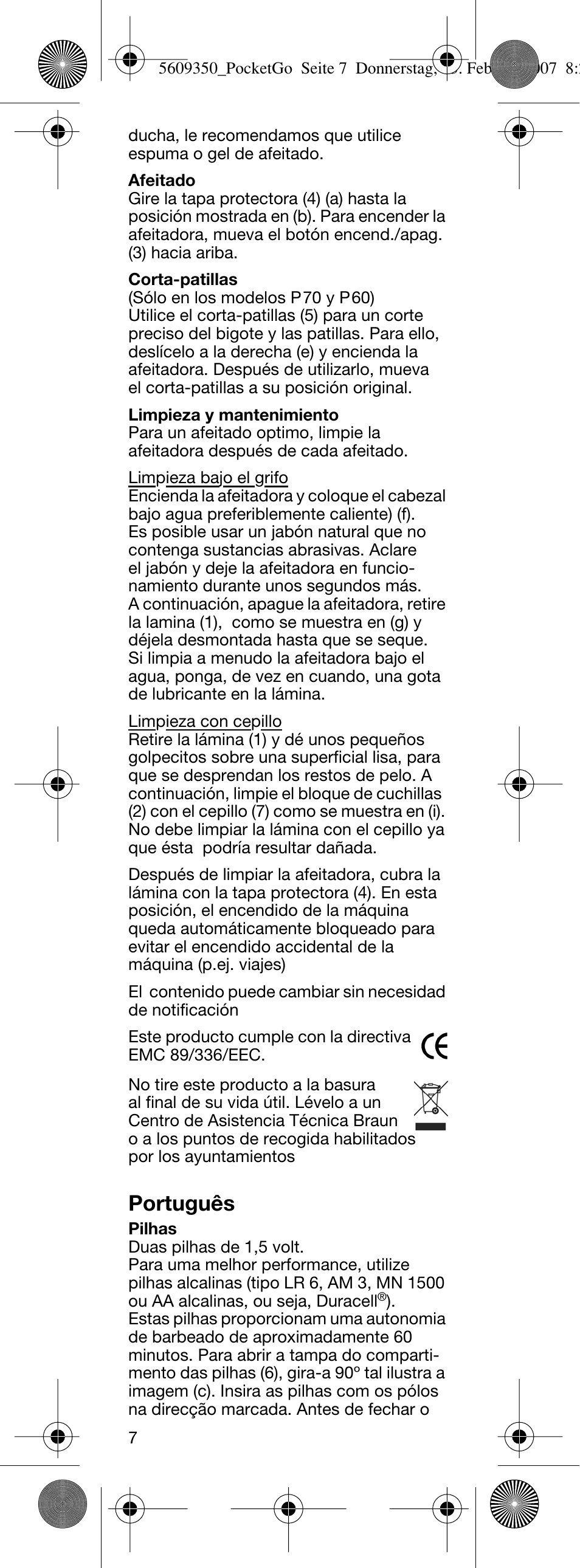 Português | Braun P50-5607 PocketGo User Manual | Page 8 / 26