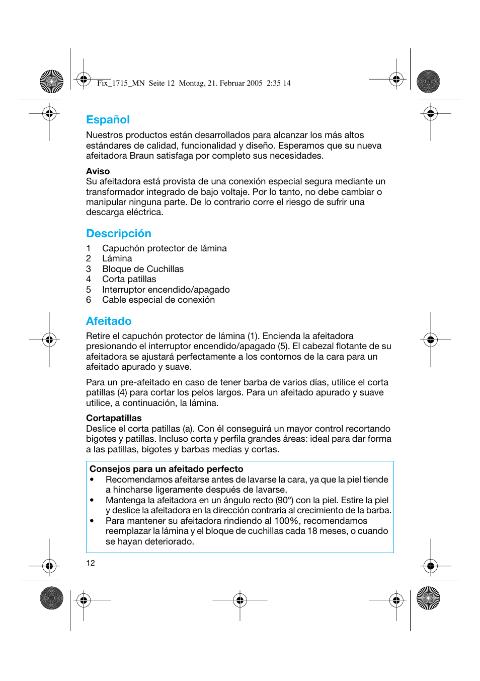 Español, Descripción, Afeitado | Braun 1715 Series 1 User Manual | Page 11 / 41