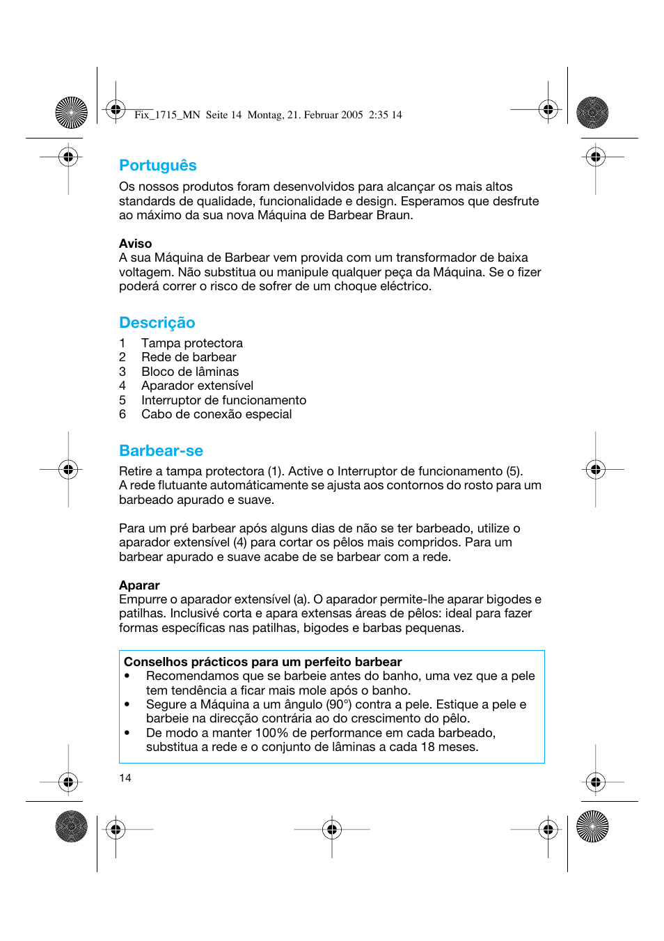 Português, Descrição, Barbear-se | Braun 1715 Series 1 User Manual | Page 13 / 41
