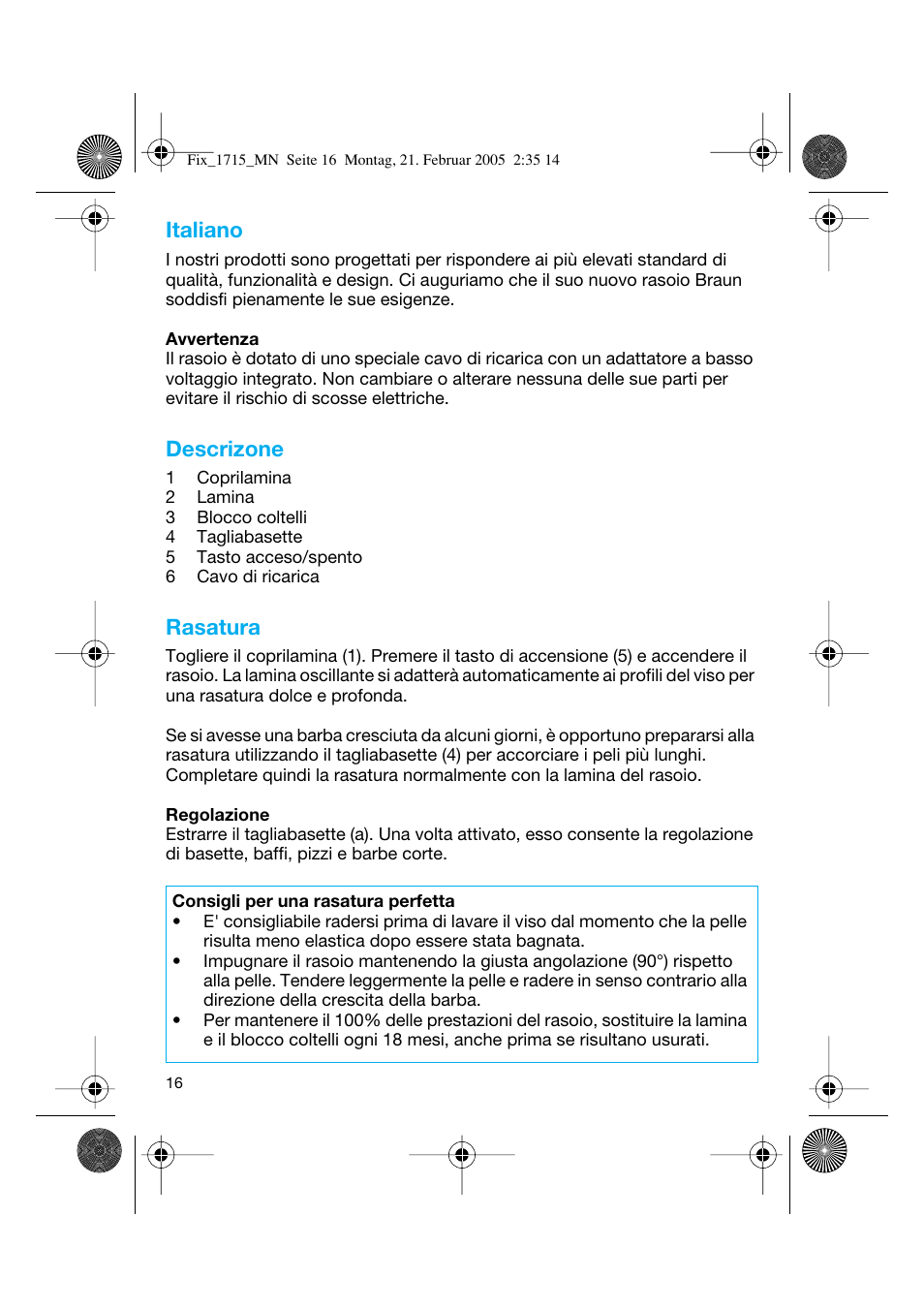 Italiano, Descrizone, Rasatura | Braun 1715 Series 1 User Manual | Page 15 / 41