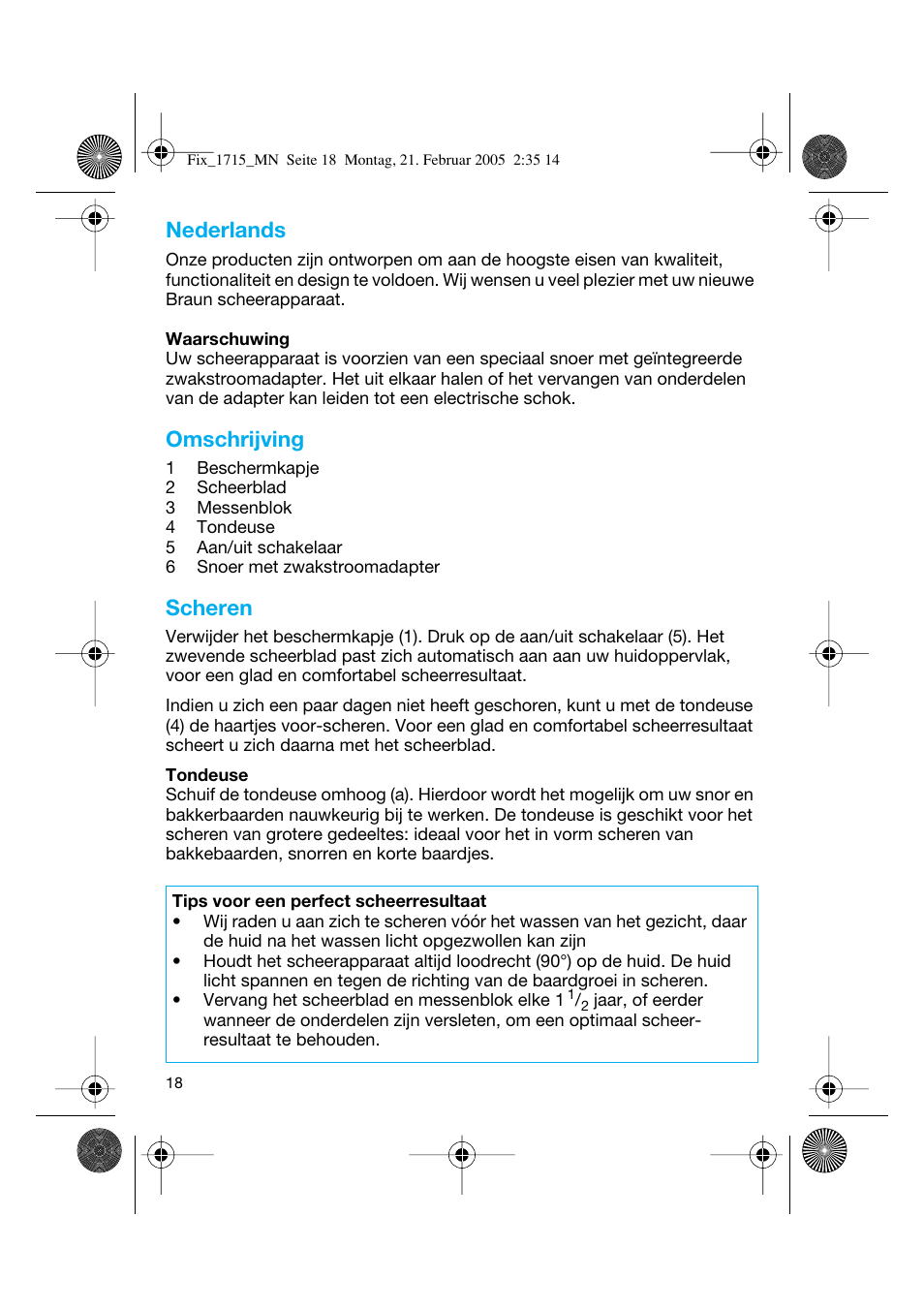 Nederlands, Omschrijving, Scheren | Braun 1715 Series 1 User Manual | Page 17 / 41