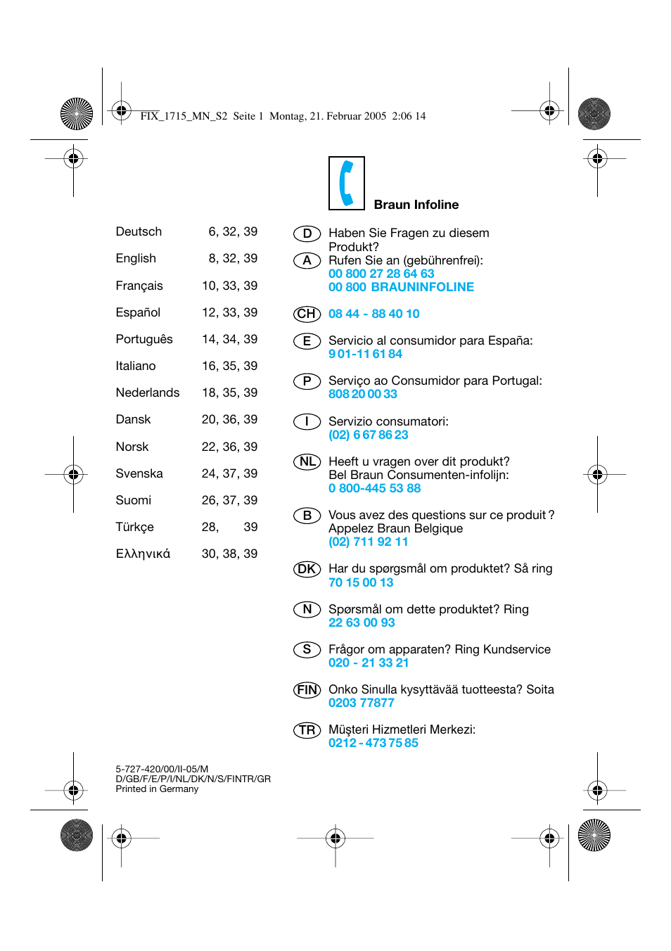 Braun 1715 Series 1 User Manual | Page 2 / 41