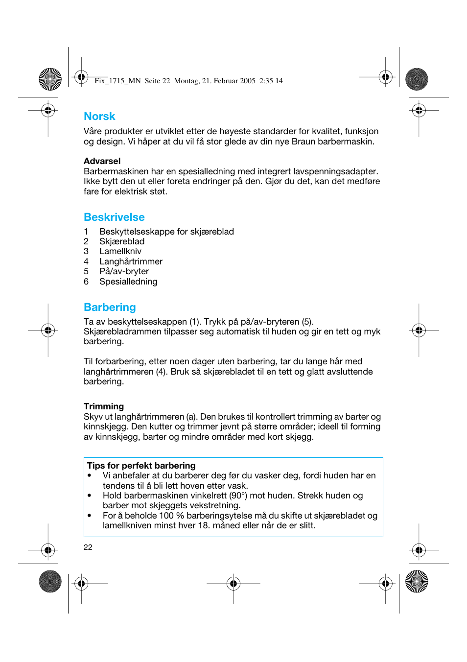 Norsk, Beskrivelse, Barbering | Braun 1715 Series 1 User Manual | Page 21 / 41