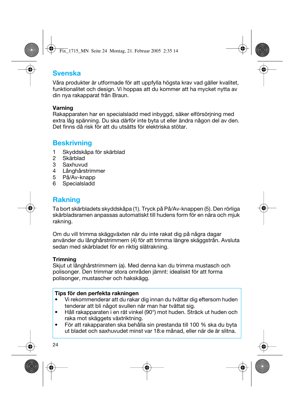 Svenska, Beskrivning, Rakning | Braun 1715 Series 1 User Manual | Page 23 / 41