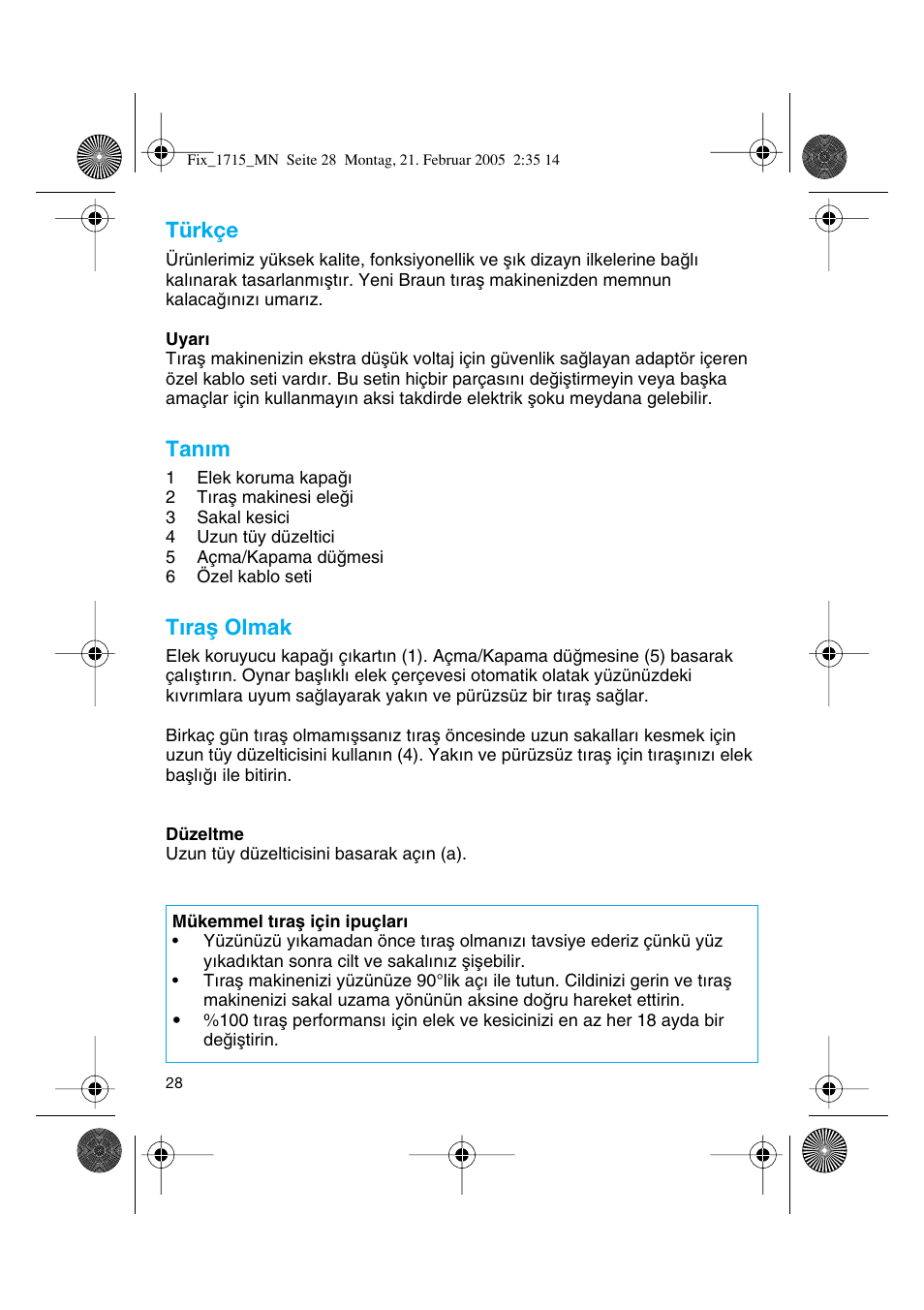 Türkçe, Tanım, Tıraµ olmak | Braun 1715 Series 1 User Manual | Page 27 / 41