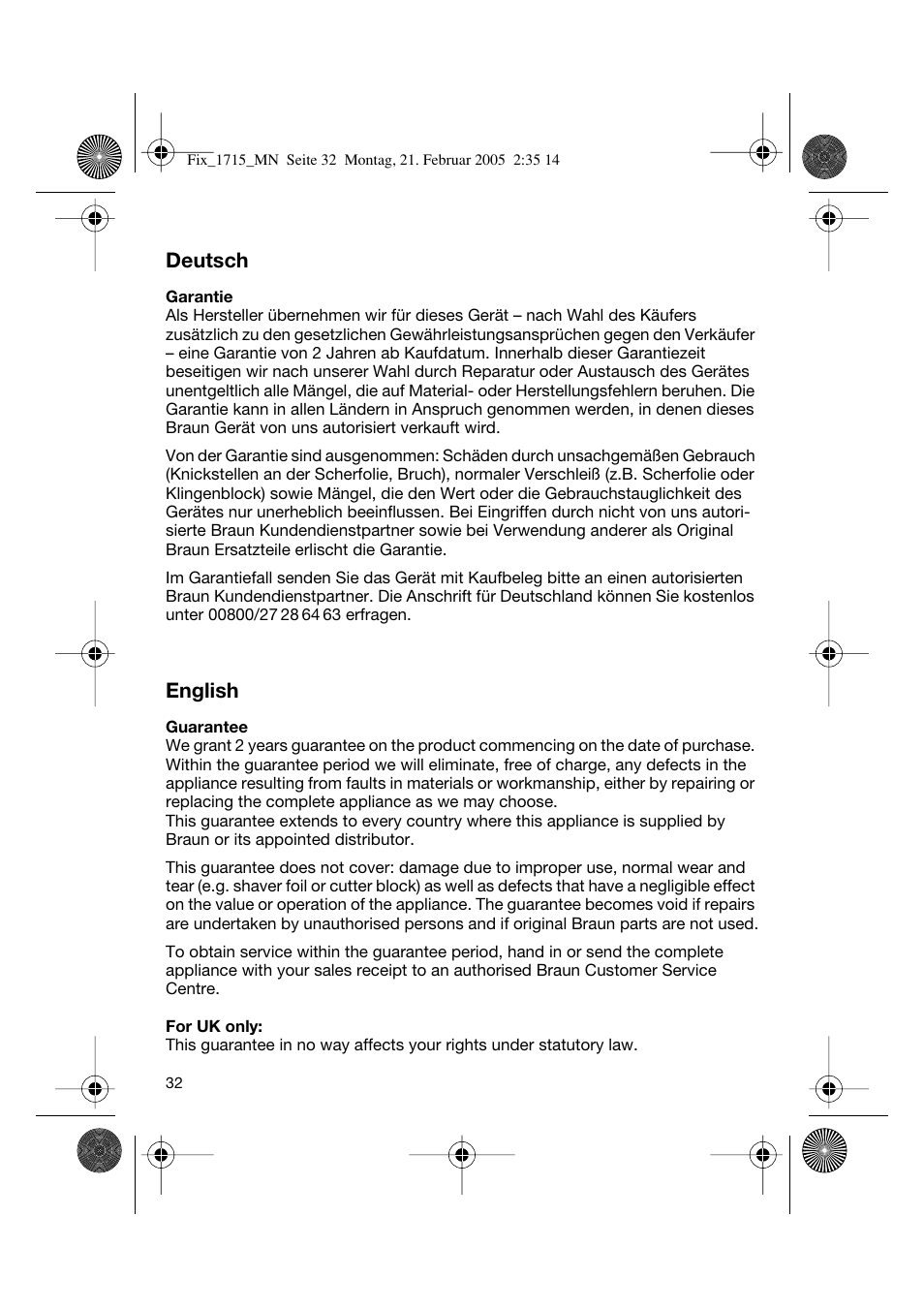 Deutsch, English | Braun 1715 Series 1 User Manual | Page 31 / 41